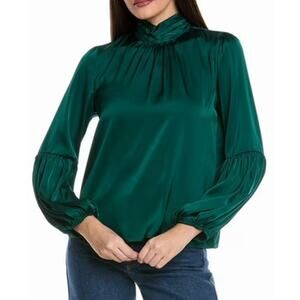 CeCe Women's Blouson-Sleeve Mock-Neck Top in Dark Forest Green